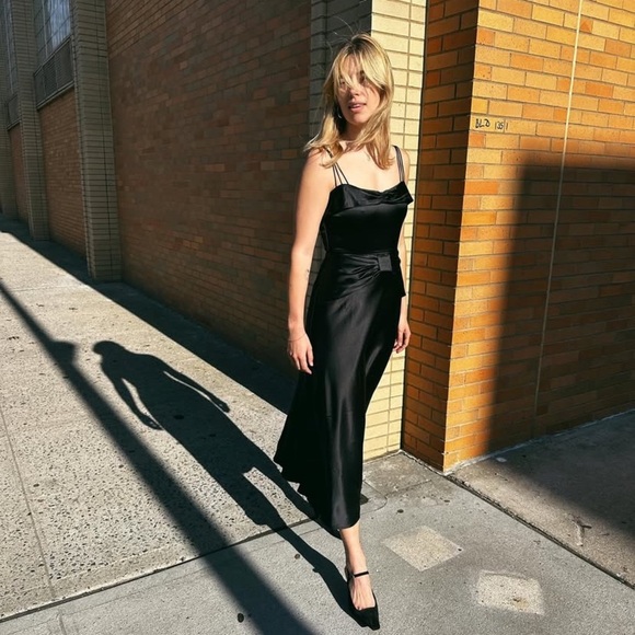 NWT Doen Donetta Satin Silky Sweetheart Strappy A Line Midi Gown Dress Black - Picture 8 of 16